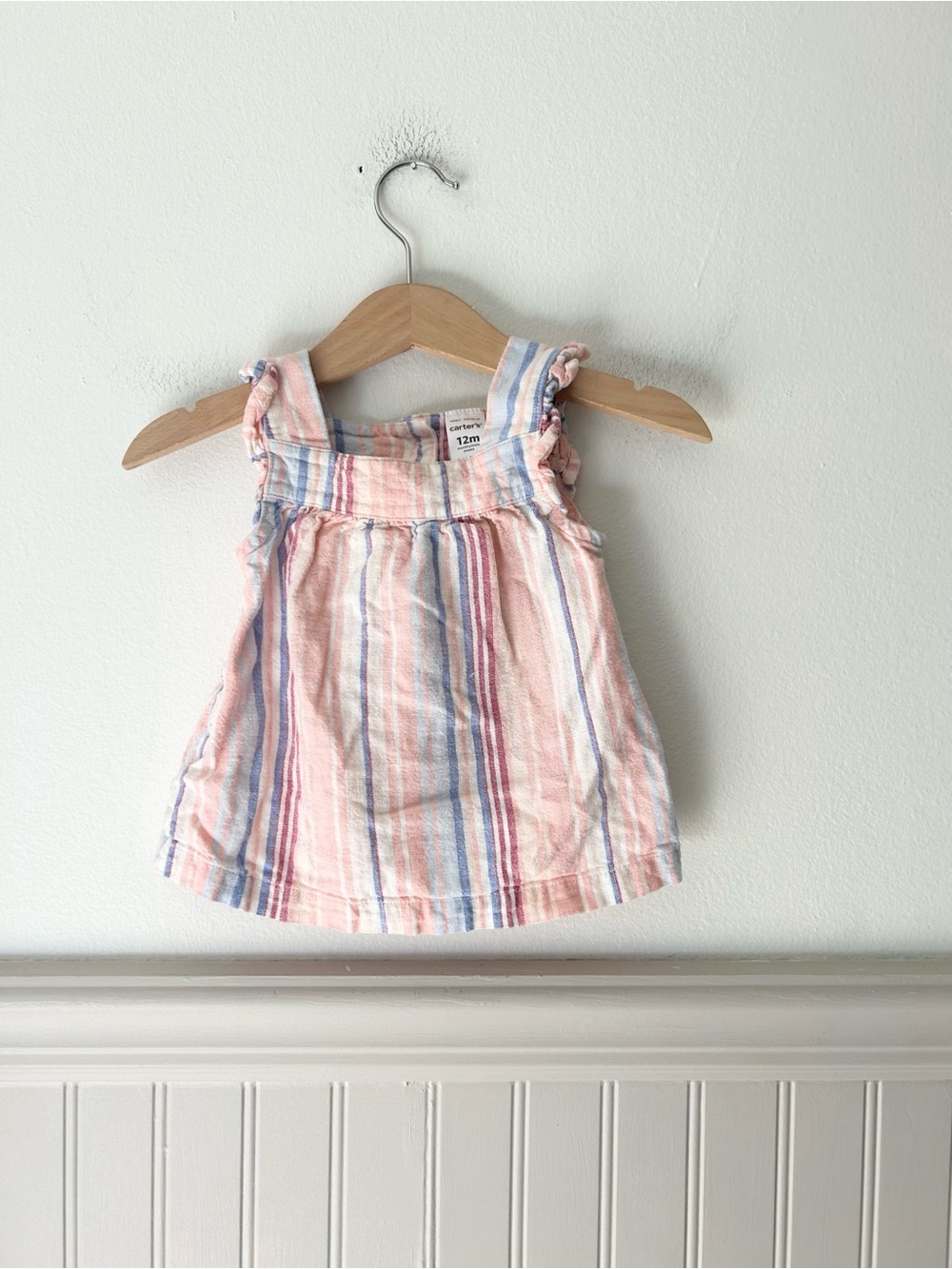Carter’s 12 Months Pink Blue Striped Sleeveless Linen Blend Ruffle Top